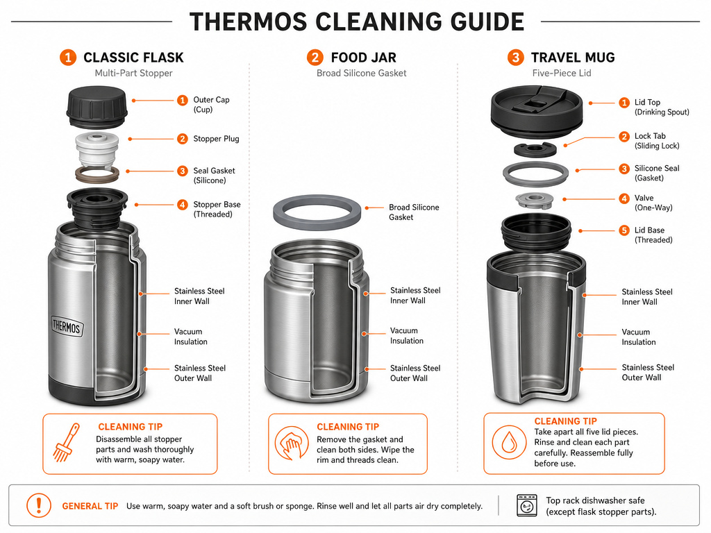 Diagram comparing key cleaning parts of classic flask, food jar, and travel mug thermoses.