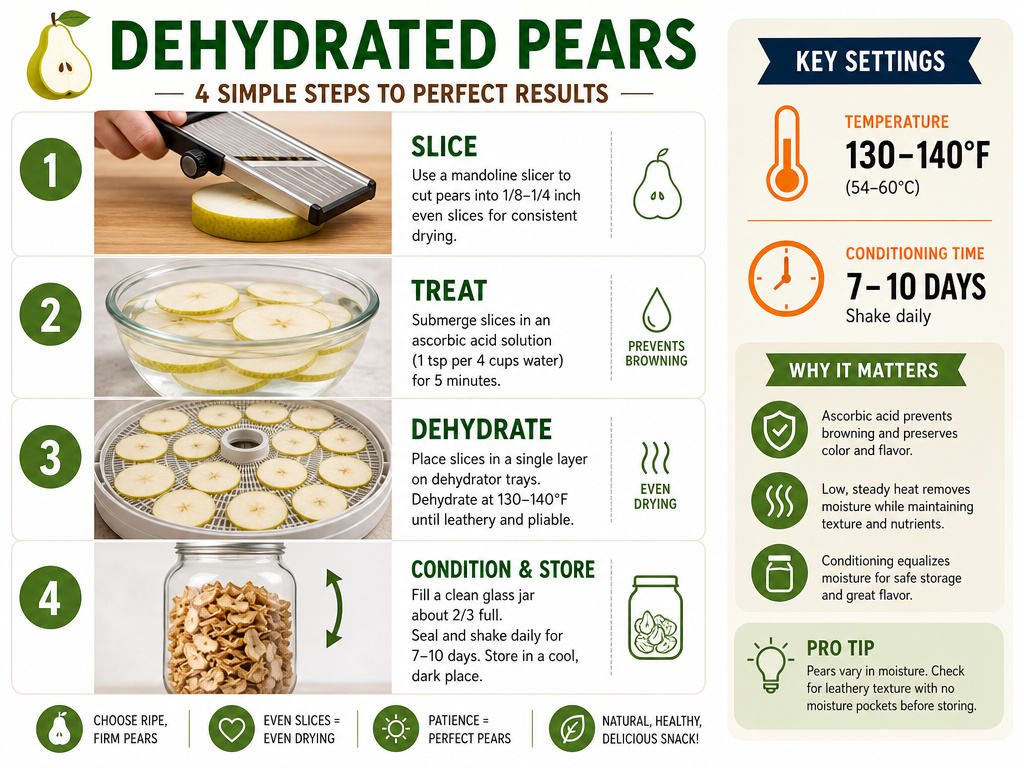 Four-step infographic for dehydrating pears into shelf-stable, chewy snacks.