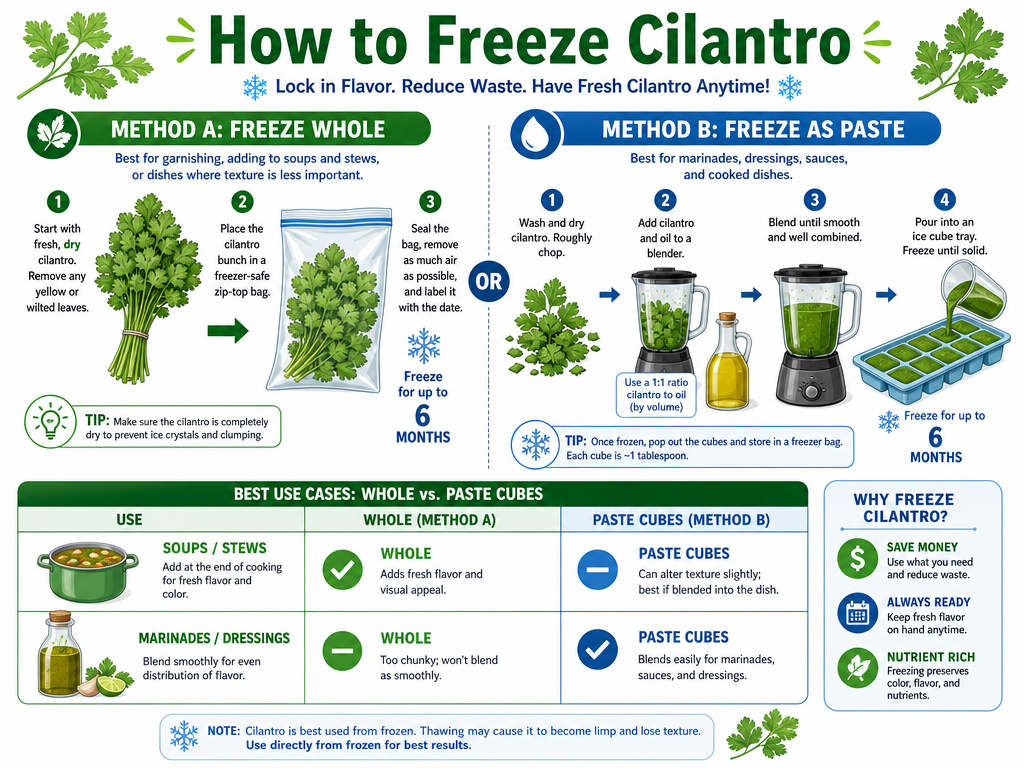 Comparison infographic of two methods for freezing cilantro for storage.