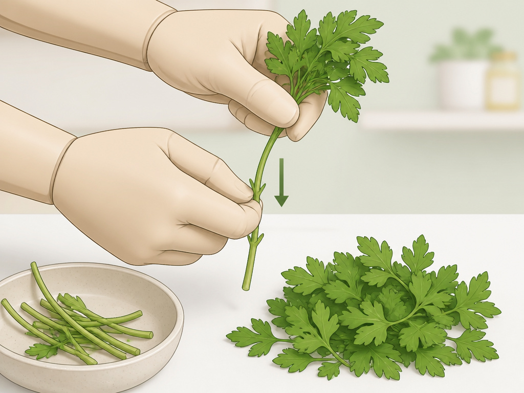 Hands removing parsley leaves from stems for proper freezing storage.