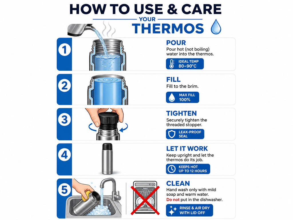 Infographic of five numbered steps for optimal thermos performance and heat retention.