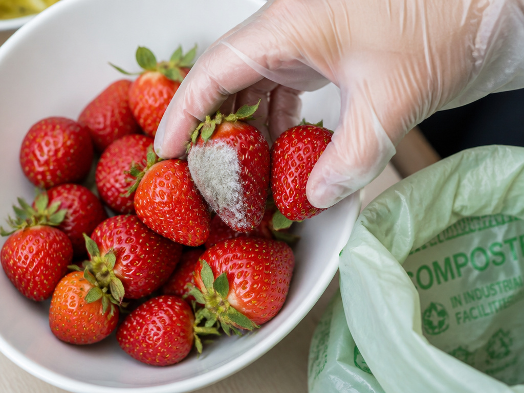 Discarding moldy strawberries and adjacent berries to prevent contamination.