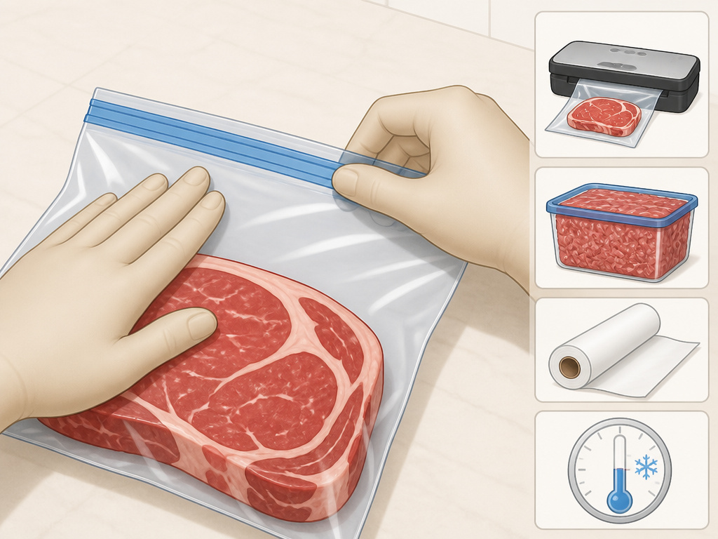 Cartoon checklist for preventing freezer burn with sealing and packaging methods