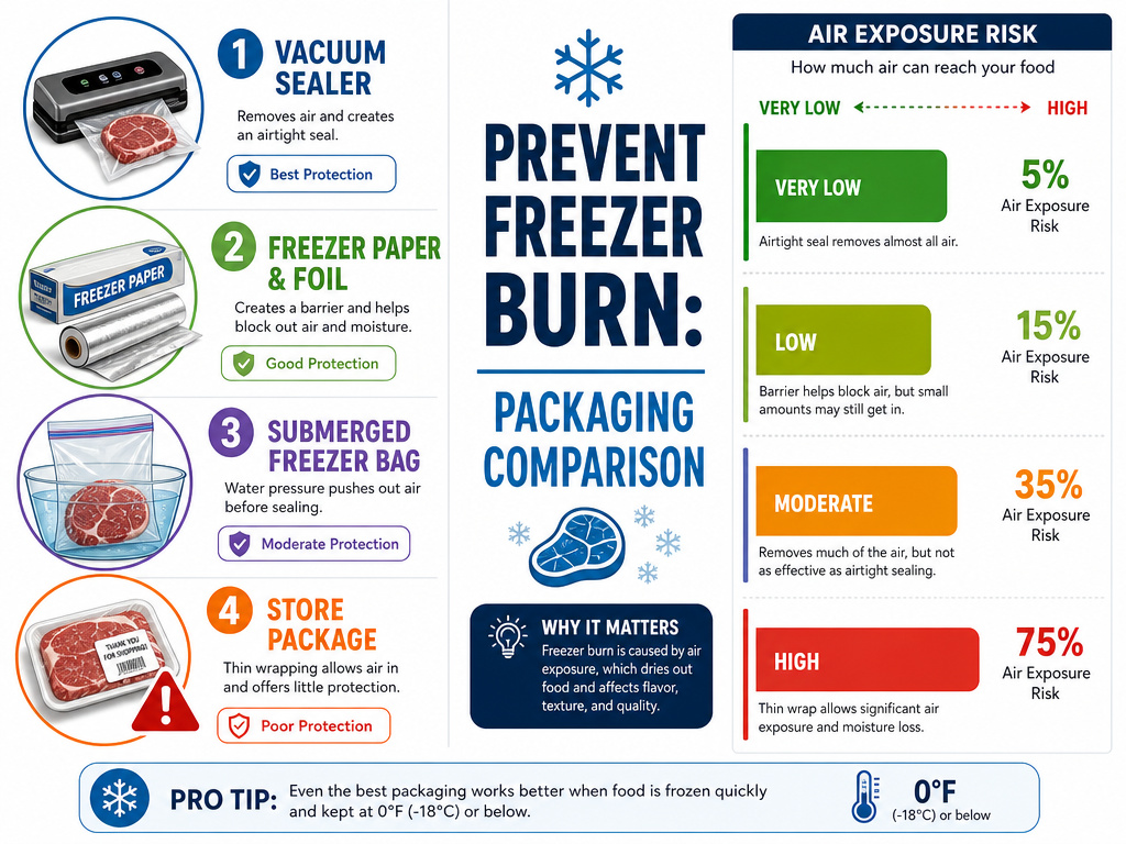 Infographic comparing vacuum sealing, double wrapping, and bag methods for freezer burn prevention.