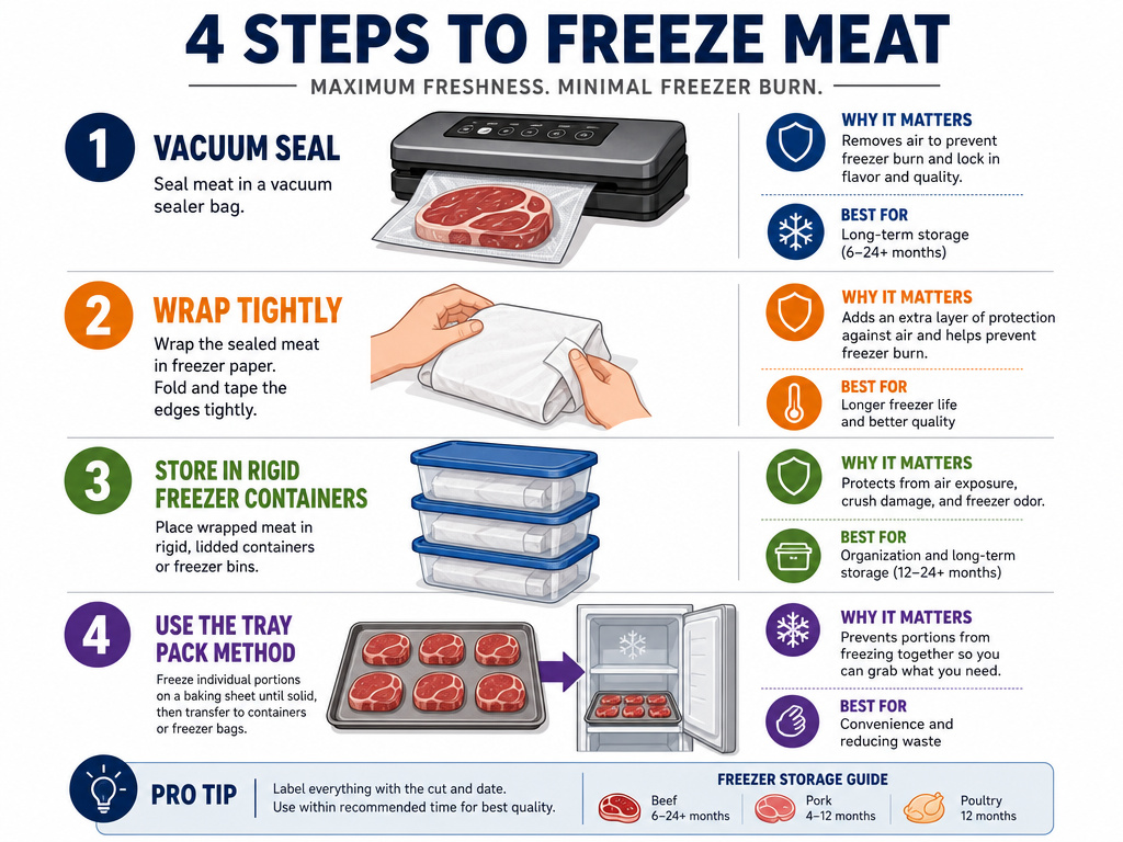 Four effective methods to prevent freezer burn on meat before freezing.