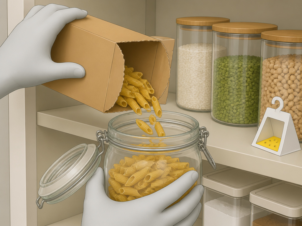 Preventing pantry bugs by transferring dry goods into sealed glass containers.