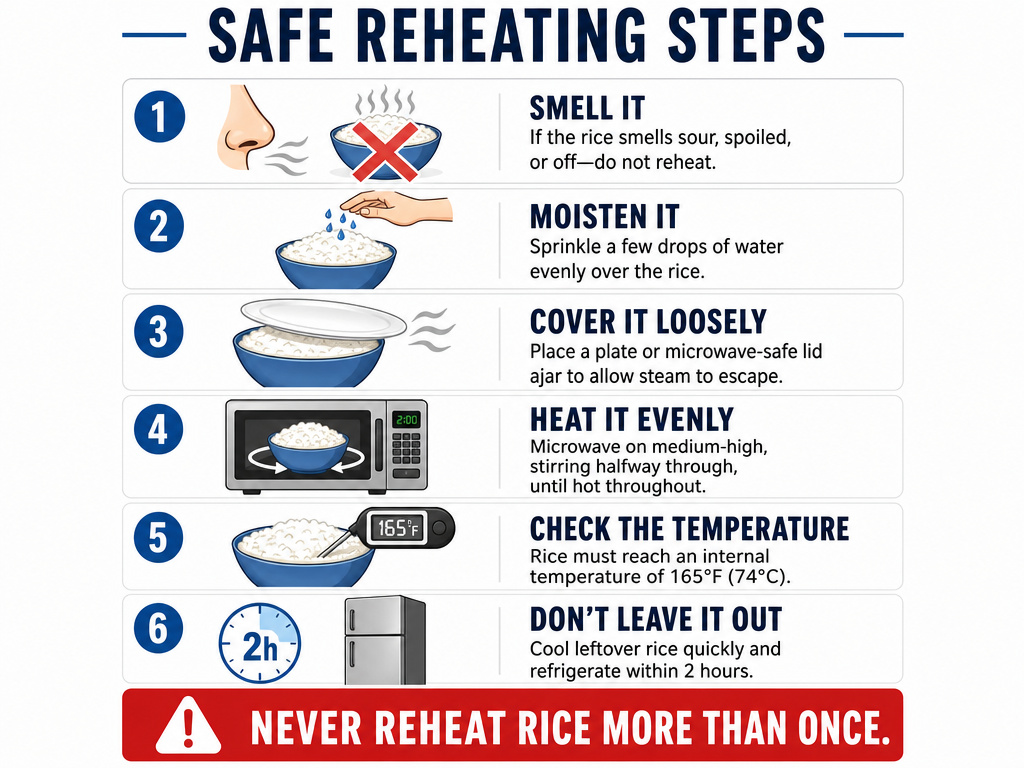 Infographic showing six steps to safely reheat previously stored cooked rice.