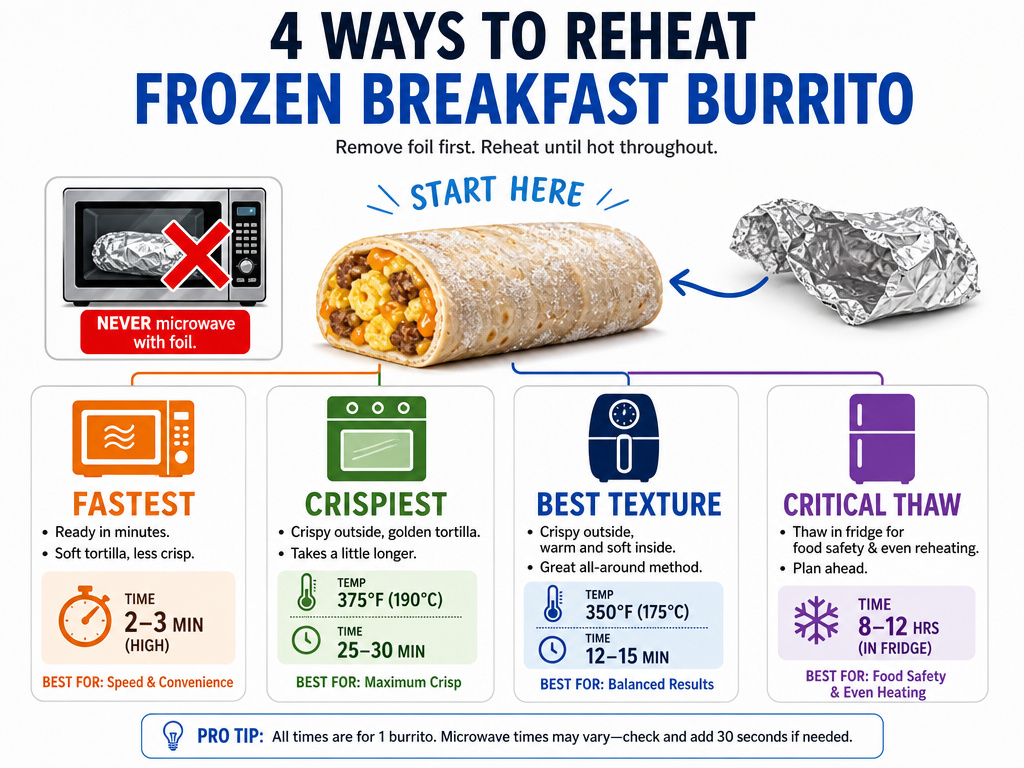 Four methods to reheat frozen breakfast burritos without sogginess infographic