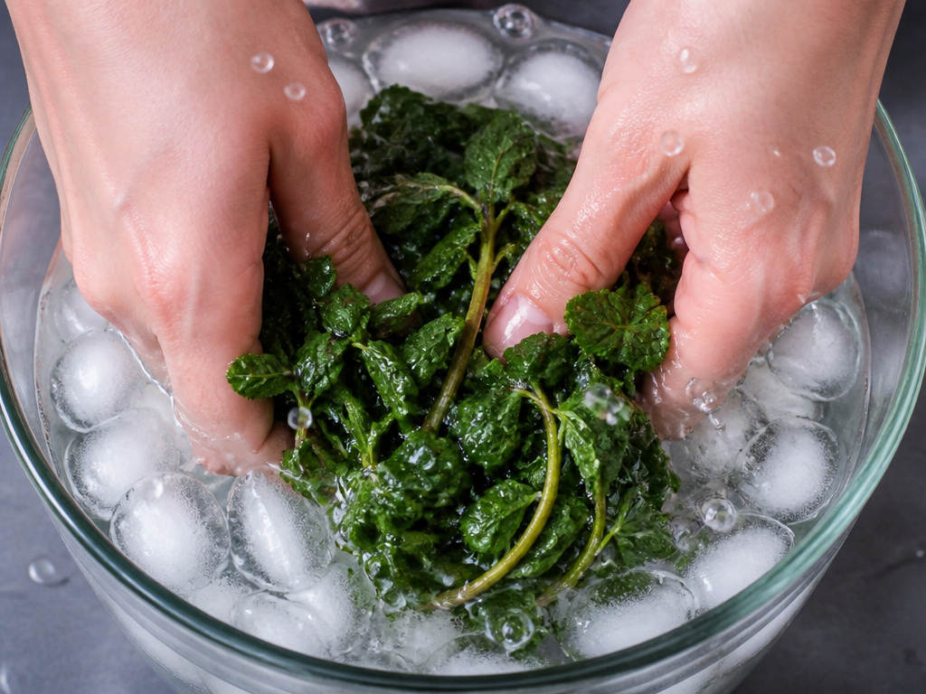 Reviving wilted mint by submerging it in a bowl of ice water