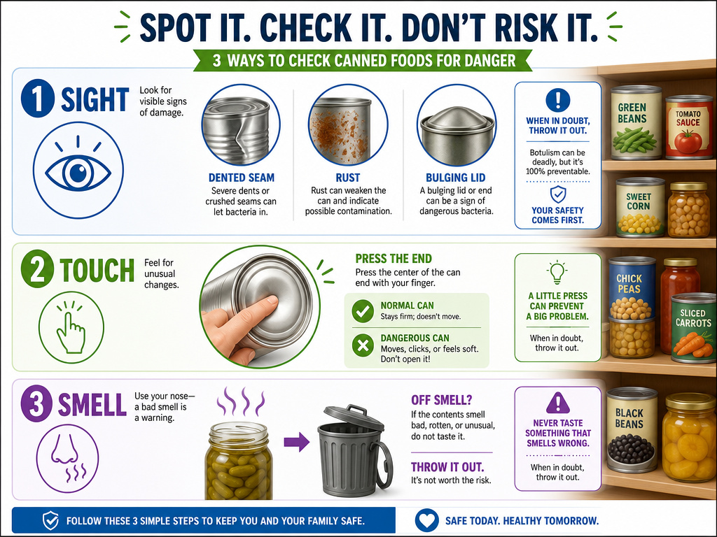 Infographic on inspecting canned food for dents, rust, bulging, and off-odors.