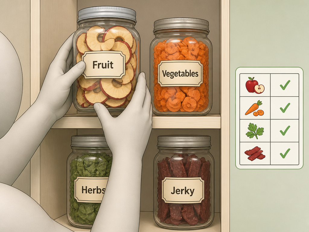 Cartoon diagram showing proper storage containers for different types of dehydrated food.