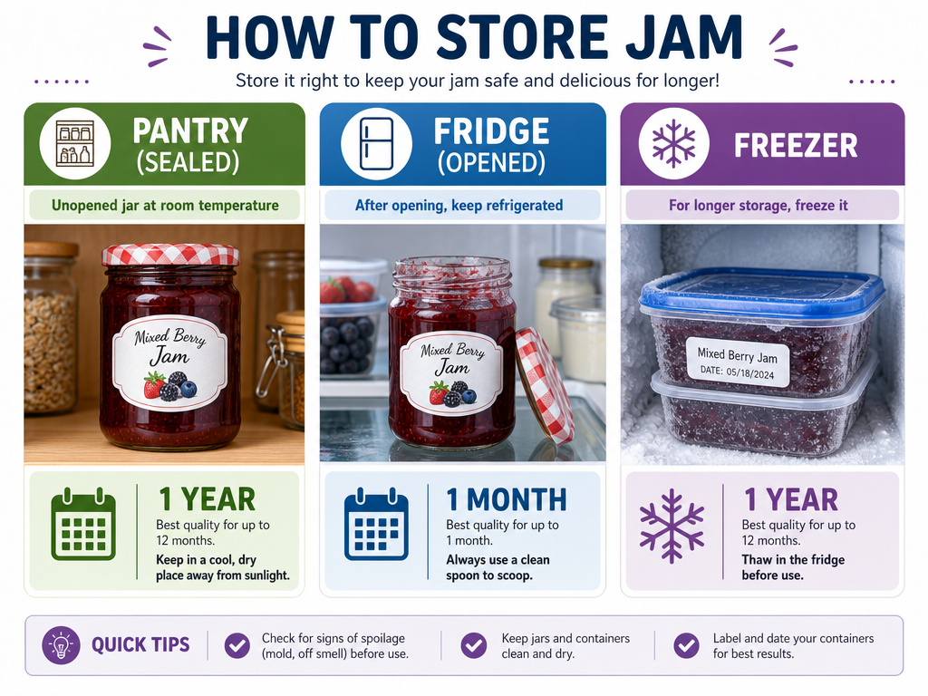 Infographic comparing pantry, fridge, and freezer storage for jam and preserves.