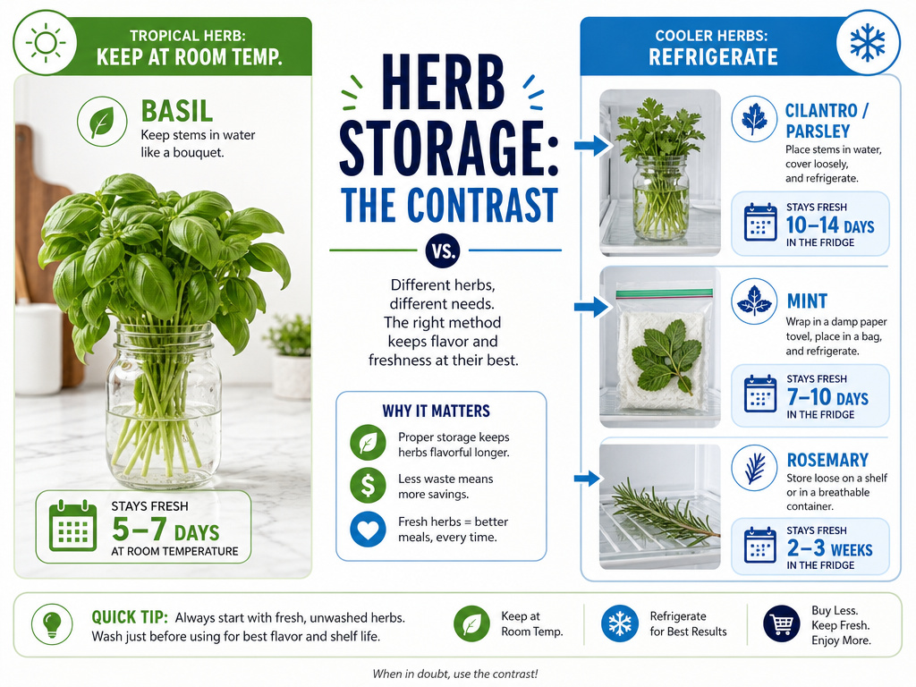Infographic comparing room temperature basil storage to refrigerated cilantro, mint, and rosemary