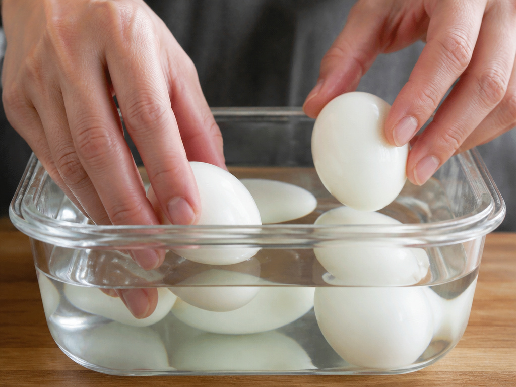 Peeled hard-boiled eggs stored submerged in water inside an airtight container.