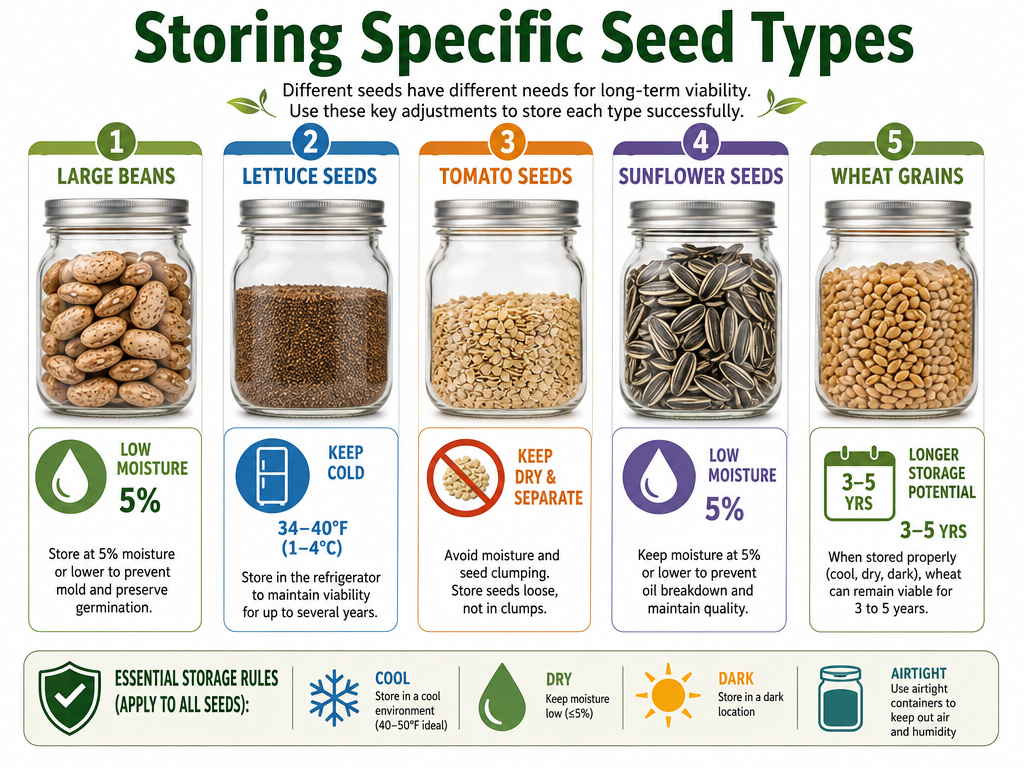 Infographic comparing long-term storage methods for different seed varieties.