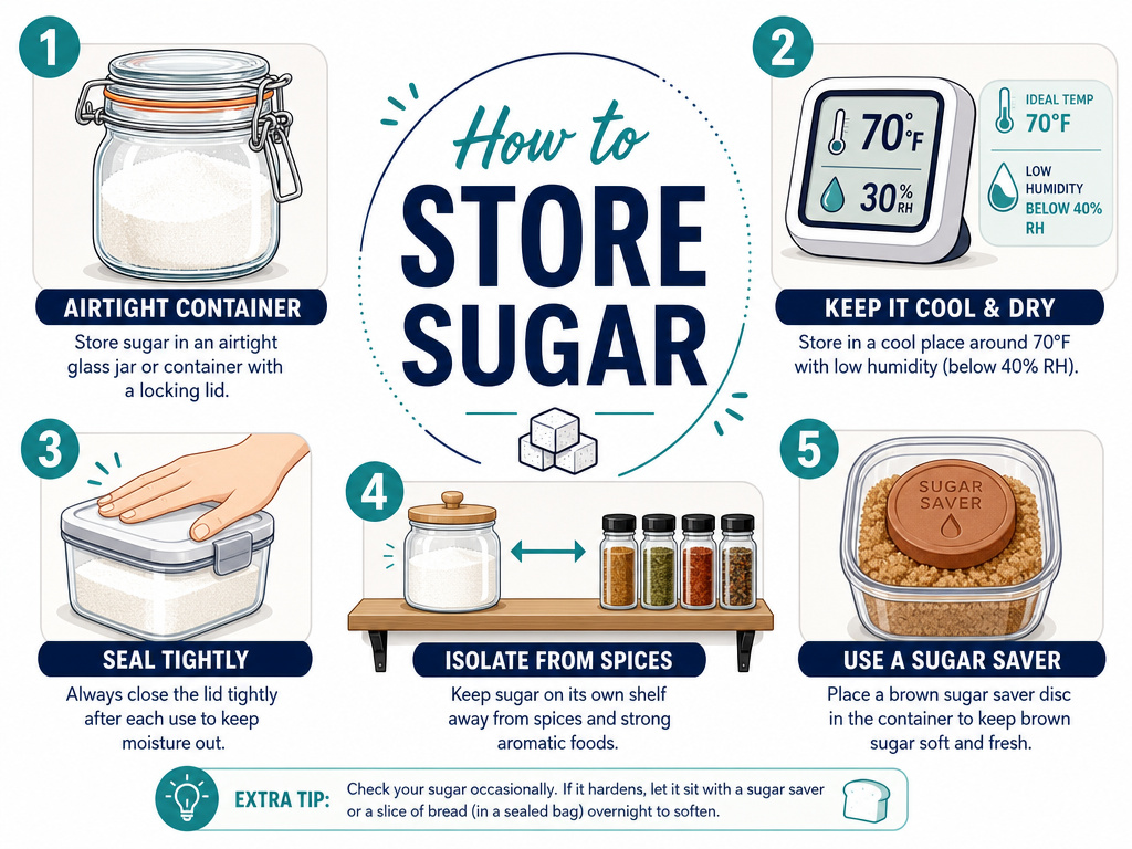 Infographic showing five rules for storing sugar to maximize its shelf life.