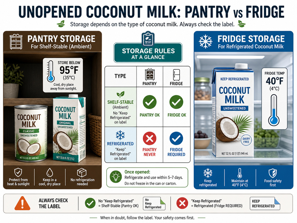Infographic comparing pantry versus refrigerator storage for unopened coconut milk types.