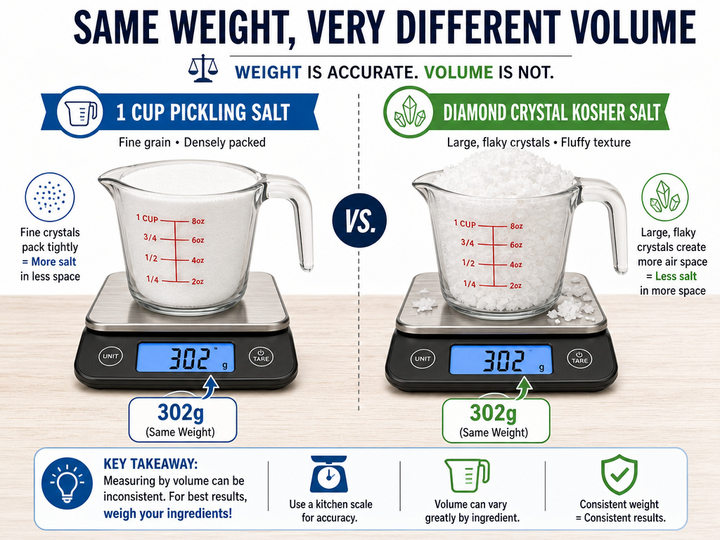 Weight conversion for substituting kosher salt in canning and pickling.