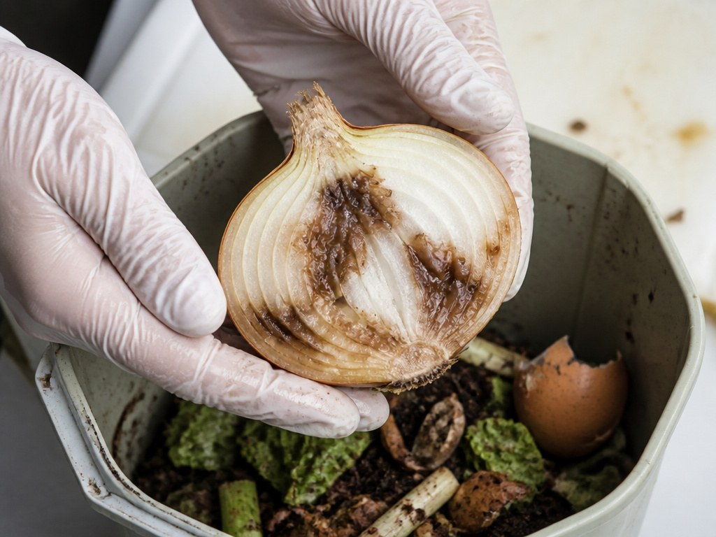 Close-up of a spoiled, slimy cut onion being discarded into a compost bin.