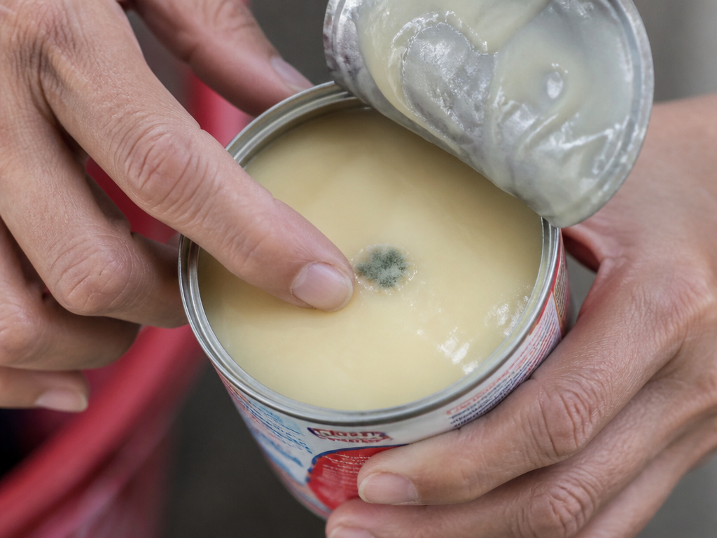 Close-up inspection for mold on opened sweetened condensed milk in a can.