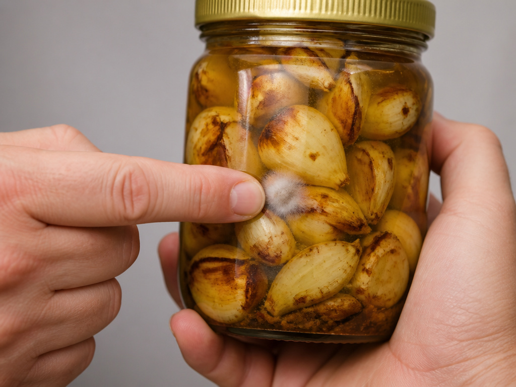Close-up of spoiled roasted garlic in a jar with visible mold growth.