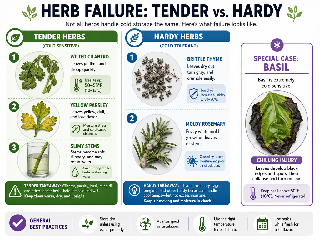 Visual guide to identifying spoiled fresh herbs like cilantro, basil, and rosemary.