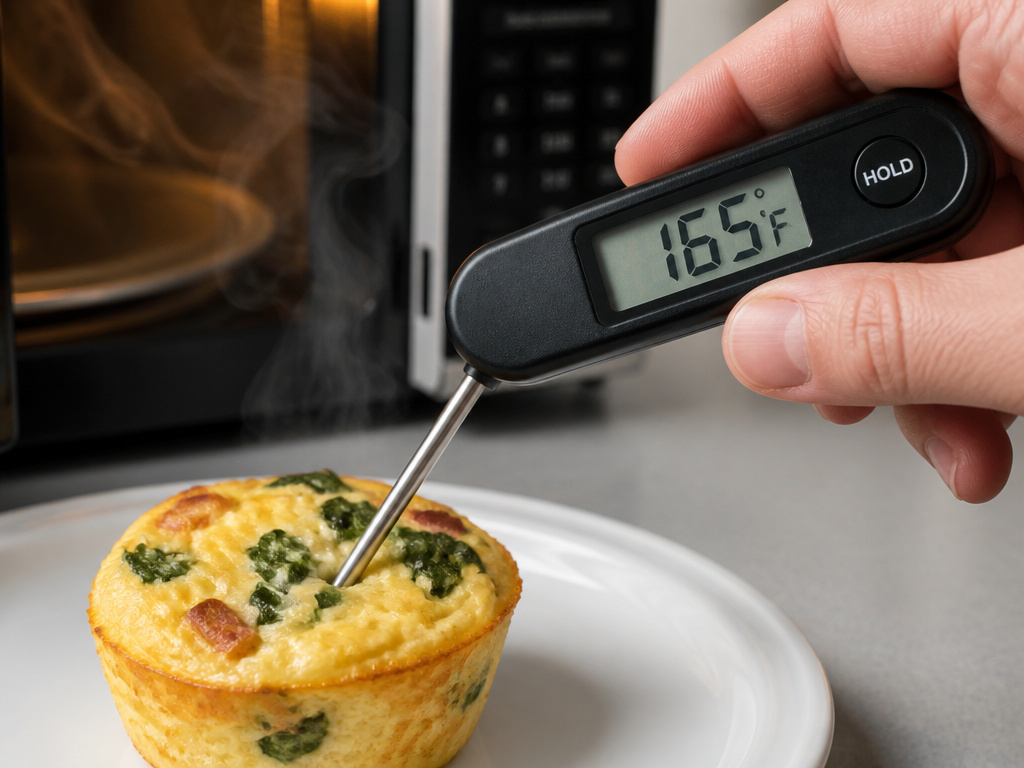 Checking internal temperature of reheated egg bite with food thermometer at 165°F