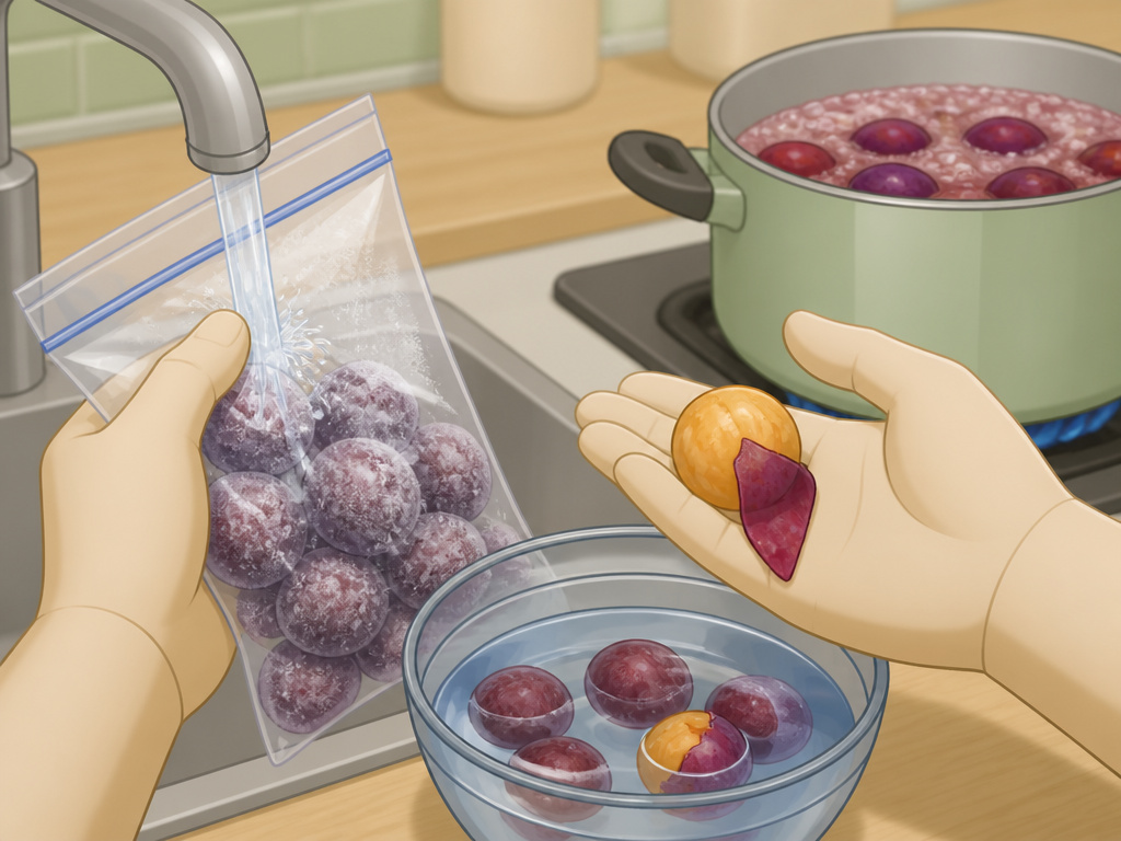 Thawing frozen plums under cold water and removing skins for use.
