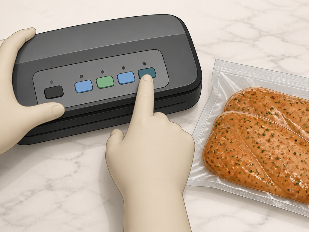 Close-up of hands selecting moist setting on vacuum sealer for marinated meat.