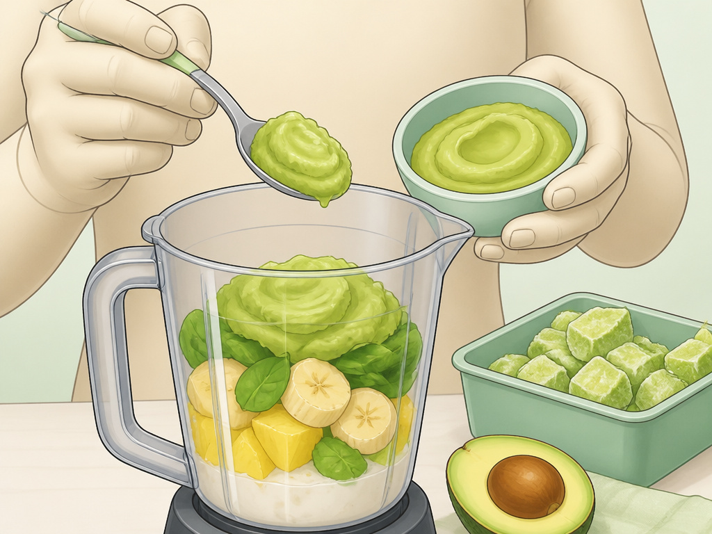 Using thawed frozen avocado puree to make a creamy green smoothie.