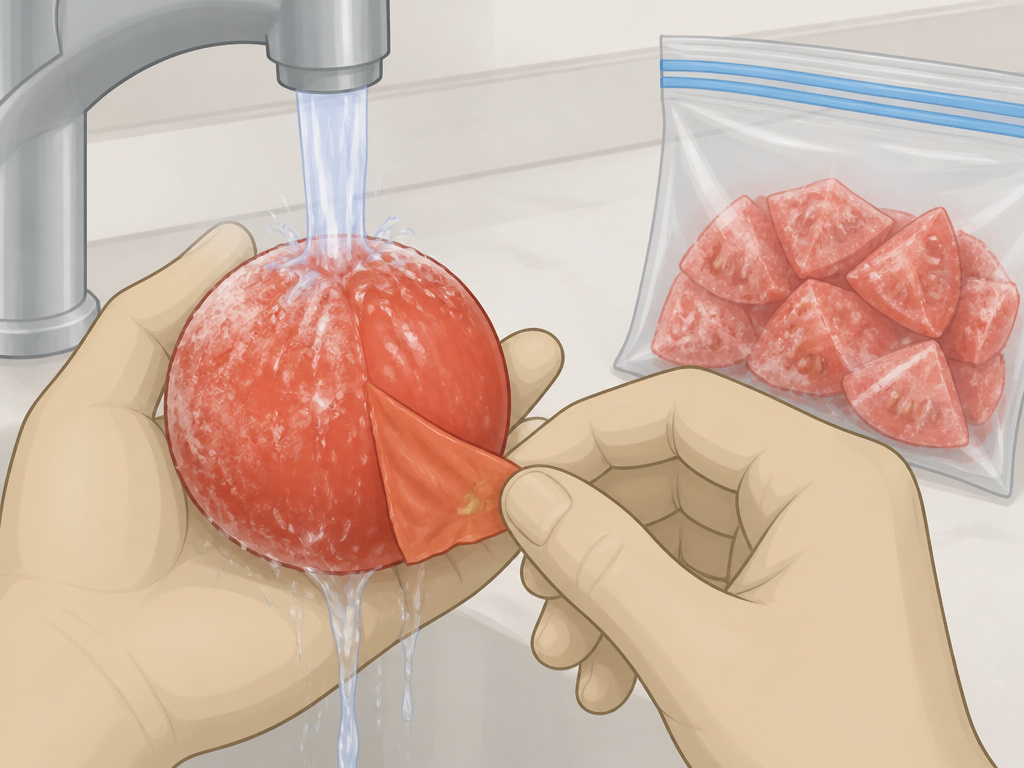 Peeling a frozen tomato under warm water for sauces and soups.