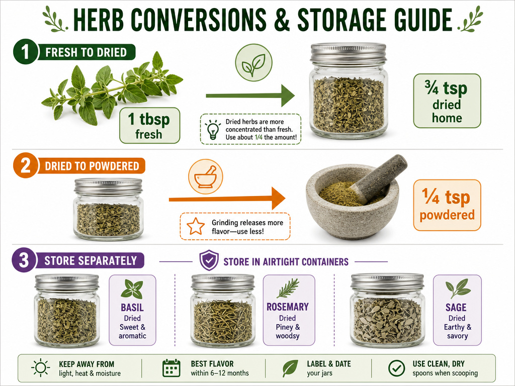 Infographic showing substitution ratios for fresh to dried to powdered herbs.