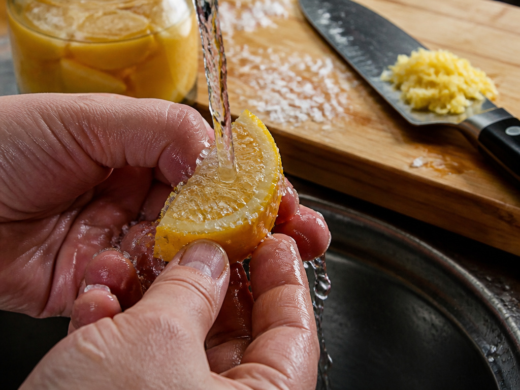 Rinsing salt from preserved lemon peel before mincing for cooking.