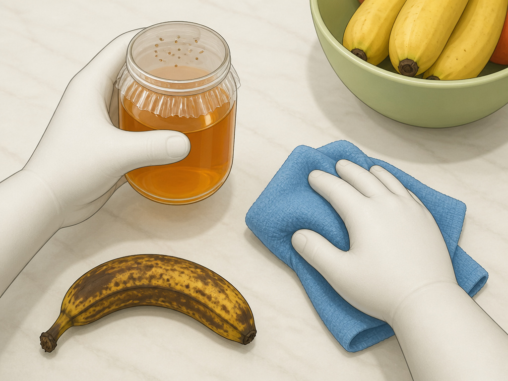 Cartoon of hands making a vinegar trap and cleaning counter near bananas.
