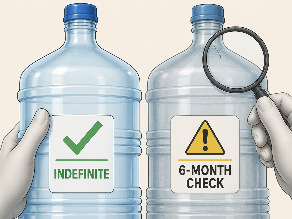 Comparing indefinite water shelf life with the six-month container inspection rule.