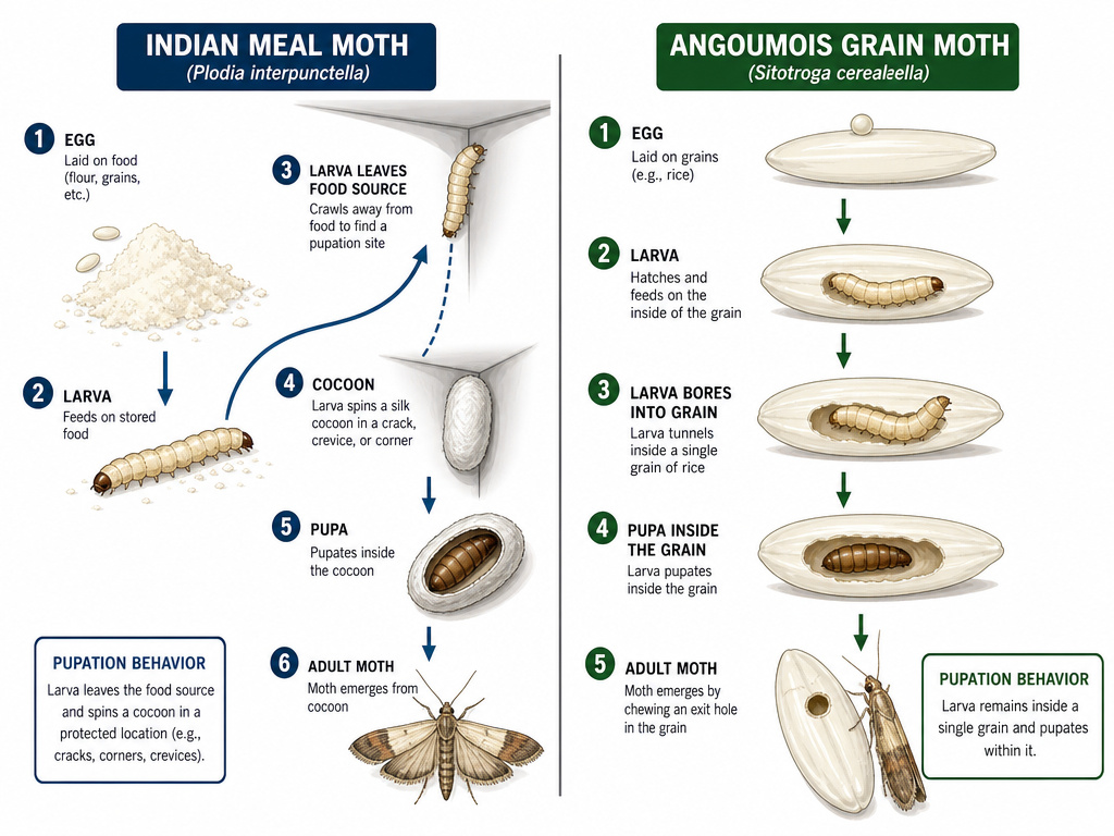 Diagram comparing Indian meal moth and grain moth pupation locations for extermination.
