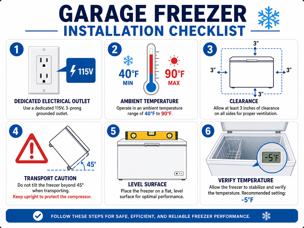 Checklist infographic for installing a freezer in a garage safely