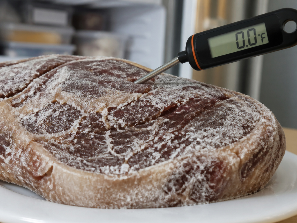 Freezer-burned meat at 0°F, showing dehydration but safe frozen temperature.