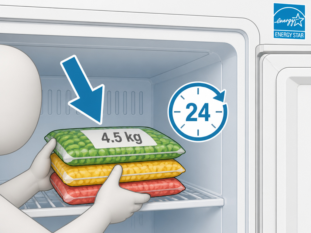 Diagram explaining freezer capacity standards and energy efficiency labels.
