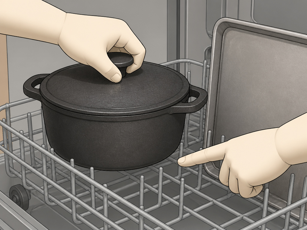 Properly loading heavy dishes on a dishwasher rack to prevent damage