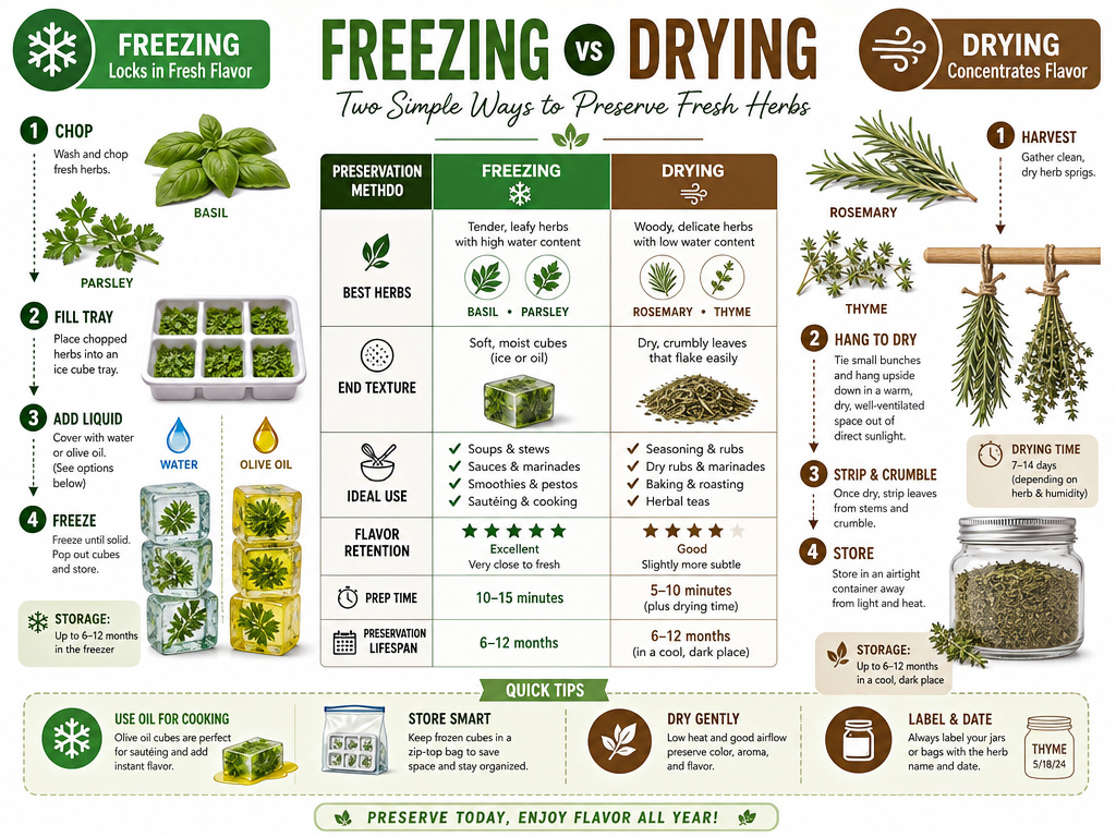 Comparison infographic for freezing versus drying fresh herbs for storage.