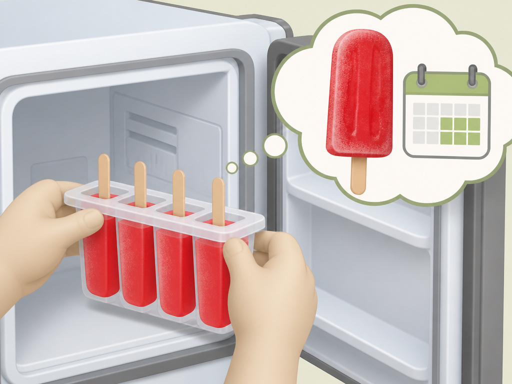 Cartoon of placing Jello popsicle mold into a freezer for storage.