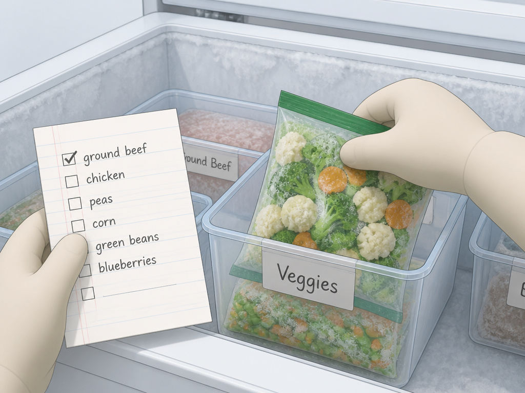 Hands updating a freezer inventory list and organizing food into labeled bins.