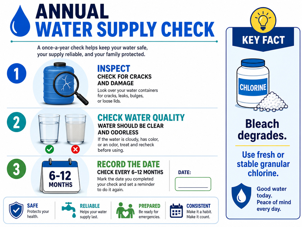 Infographic for annual long-term water storage maintenance and inspection steps.