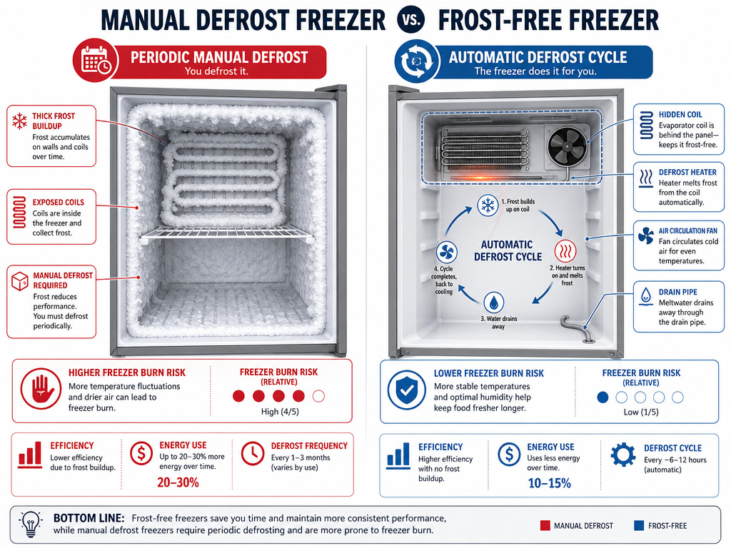 Comparison infographic of manual defrost versus frost-free freezer features and operation.