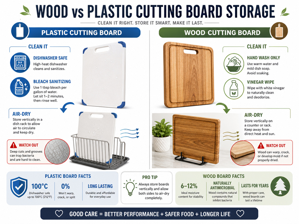 Comparison infographic for safely storing wood versus plastic cutting boards after cleaning.