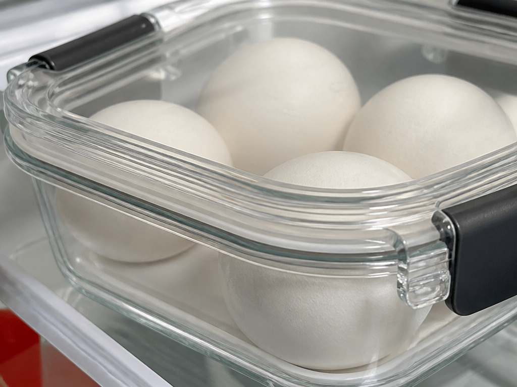 Sealed container of hard-boiled eggs stored in a refrigerator for preservation.
