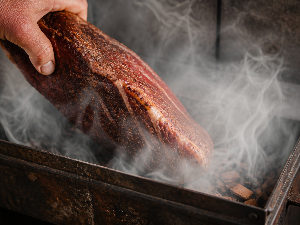 Cured meat being cold smoked for preservation without a refrigerator.