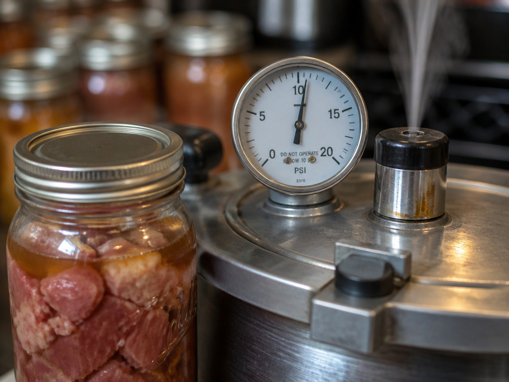 Pressure canner gauge and jar of meat during home canning for preservation.