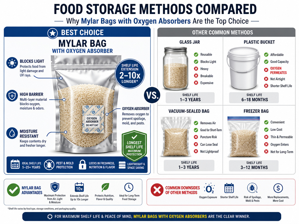 Infographic comparing Mylar bags to glass, buckets, and vacuum bags for food storage.